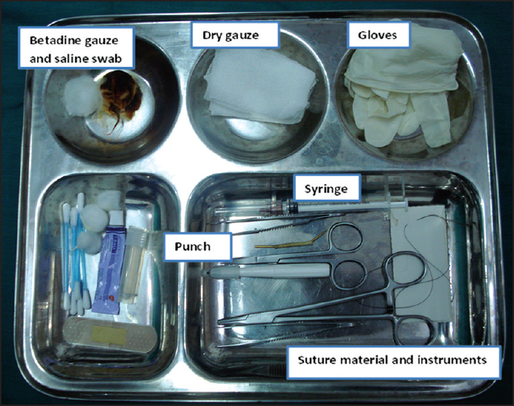 Tray for routine skin biopsy containing betadine gauze, dry gauze, biopsy container with formalin, cotton-tip applicator and instruments