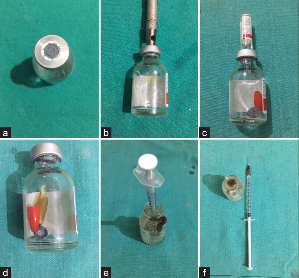 (a-f) a used vial of an antibiotic is procured for opening glass ampoules with safety.