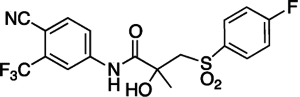 Chemical structure of bicalutamide. NC: Cyano group, F3C: Trifluoromethyl group, SO2: Sulfonyl group, OH: Hydroxy group, NH: amide group.