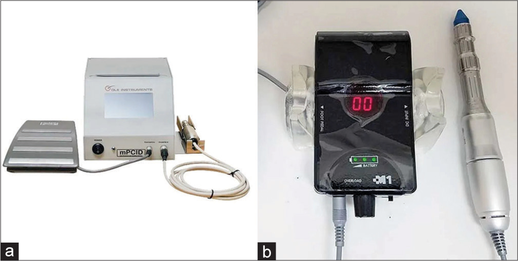 (a) Mini-powered Cole Isolation Device. (b) CDD-Vortex or Cole dissection device. (Courtesy of Cole Instruments Inc, Alpharetta, GA).