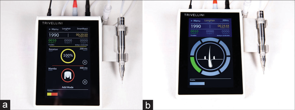 (a) Trivellini Standard system (Courtesy of Trivellini tech). (b) Trivellini Long Hair system (Courtesy of Trivellini tech).