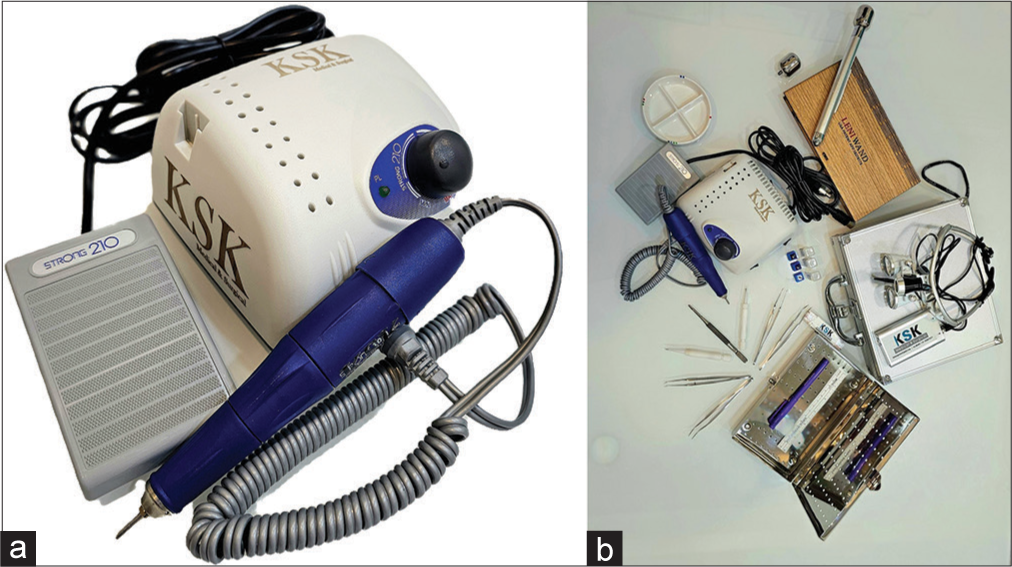 (a) KSK hair transplant motor (Courtesy of KSK Surgicals). (b) KSK advanced hair transplant kit (Courtesy of Surgicals).