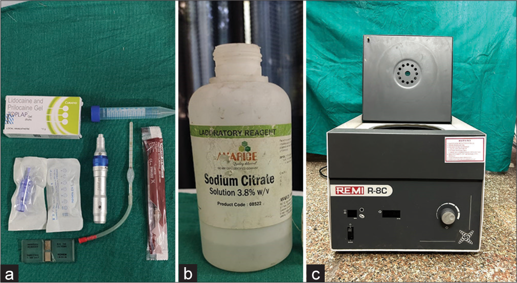 (a) Materials utilized for the procedure Dermapen (model: Dr.pen Ultima A-6), disposable cartridges, EMLA cream, falcon tube, neubauer chamber, RBC pipette and sterile syringe. (b) 3.8% sodium citrate (as an anticoagulant was used for platelet rich plasma preparation), 1% ammonium oxalate (as diluent during platelet counting). (c) centrifugation machine (model: REMI R-8C). RBC: Red Blood Cell.