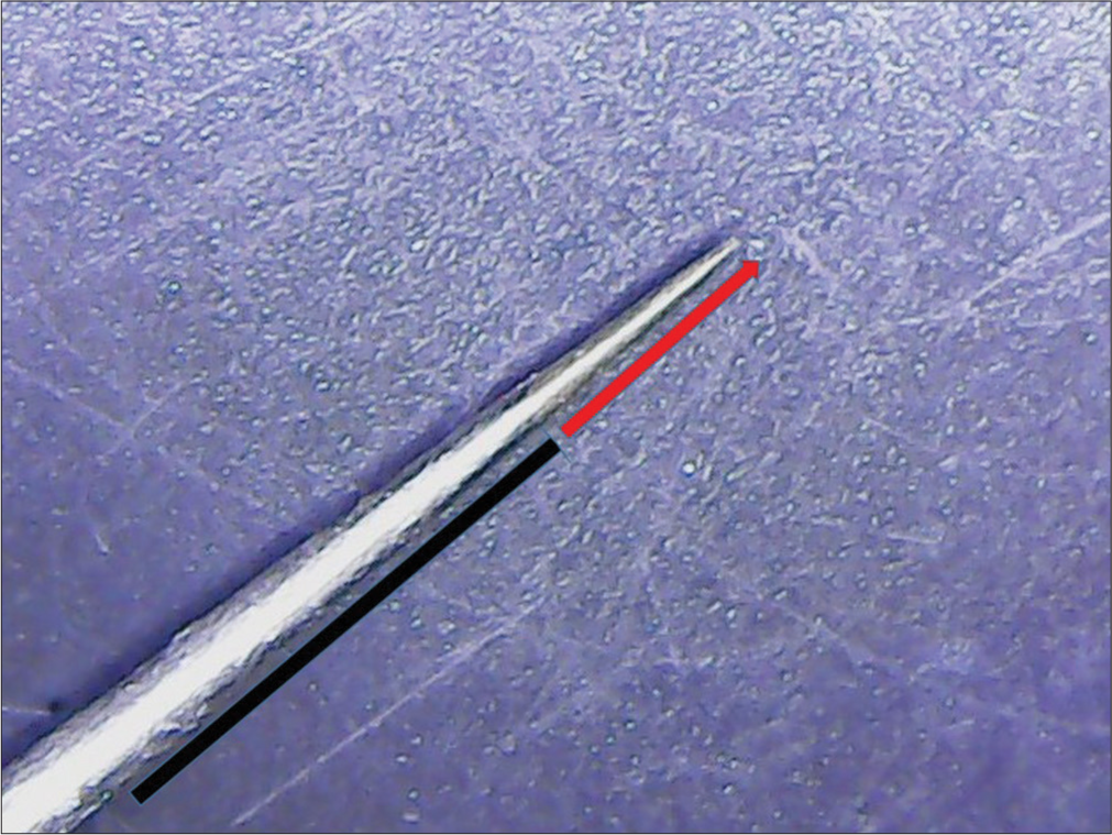 Self-made insulated needle. The red arrow is a non insulated part of RF needle and the black line indicates the insulated part.