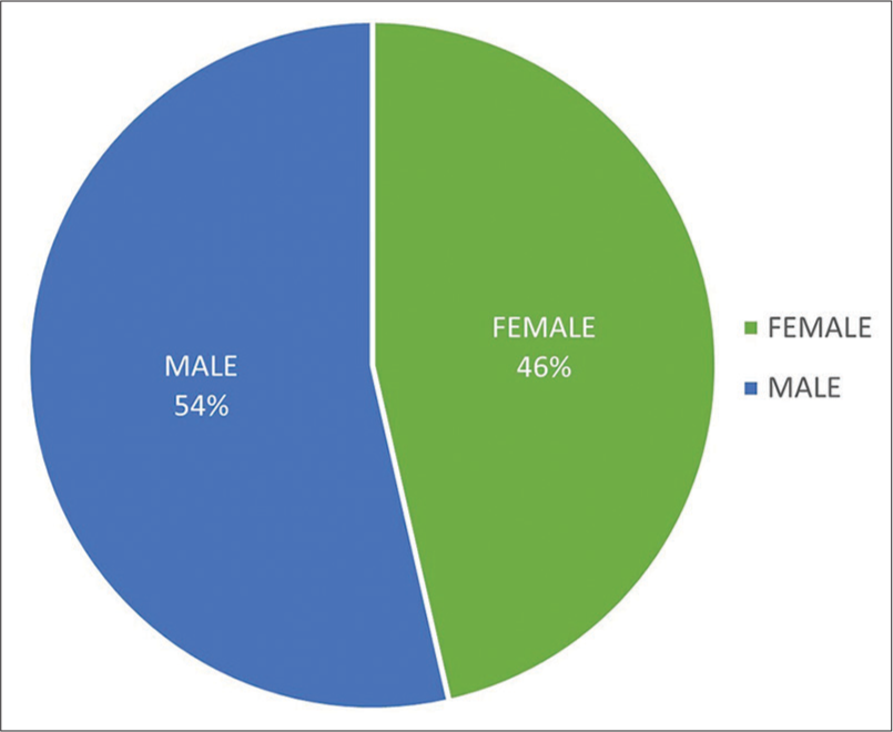 Pie chart showing male and female distribution.